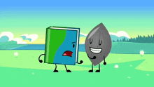 a book and a leaf are standing next to each other in a field and talking to each other .