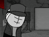 a cartoon character in a room with a sign that says ch yo on it