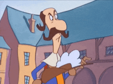 a cartoon character with a mustache is standing in front of a house
