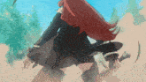 a girl with red hair is holding a sword in her hand