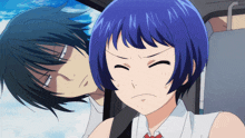 a girl with blue hair is making a face next to a man with black hair