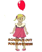 a cartoon of a girl holding a red balloon with the words summer swirlin ' schools out for summer