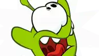 a green cartoon character with big eyes and a red mouth is jumping in the air