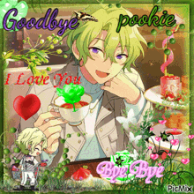 a picture of a boy holding a cup of tea with the words goodbye pookie i love you bye bye