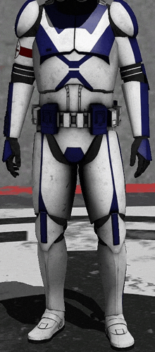 a blue and white storm trooper with a red armband