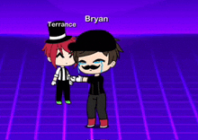a boy with a mustache and top hat is standing next to another boy with red hair .