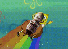 a cartoon of spongebob and a baby on a rainbow float