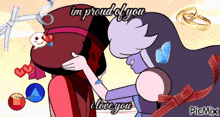 a couple of cartoon characters hugging with the words in proud of you i love you on the bottom