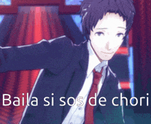 a man in a suit and tie is dancing with the words baila si sos de chor