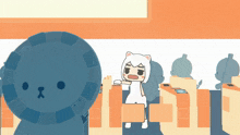 a cartoon drawing of a girl standing in front of a machine