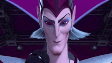 a close up of a cartoon character with a purple hat