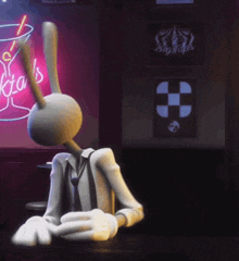 a cartoon character sits at a bar in front of a neon sign that says ' big pops '