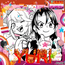 a picture of two anime girls with the word yuri in the middle