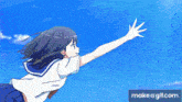a girl in a school uniform is flying through a blue sky with her arm outstretched