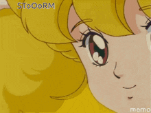 a close up of a girl 's face with the words stoorm written above it