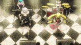 a yamaha keyboard sits on a checkered floor next to a drum set