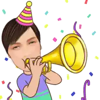 a person wearing a party hat blowing a trumpet