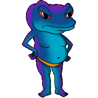 a blue frog with red eyes and a yellow bikini on