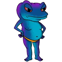 a blue frog with red eyes and a yellow bikini on