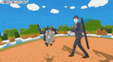 a man in a suit is holding a sword in front of a monster in a video game with chinese writing on the bottom