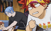 a cartoon of a boy with blue hair and a boy with red hair