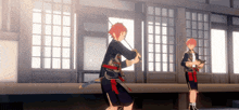 two anime characters are standing next to each other with swords in their hands