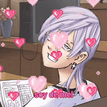 a cartoon of a girl with hearts around her and the words soy de mel on the bottom