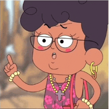 a cartoon character is wearing glasses and a necklace and pointing up .