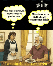 a cartoon of a maid and a man sitting at a table with the words " the ghost " on the top