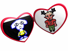 a heart shaped mirror has a pixel art of a man and a dog