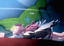 a close up of a cartoon character with the word ow on the bottom right