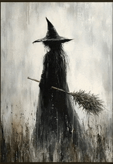 a painting of a witch with a broom in her hand