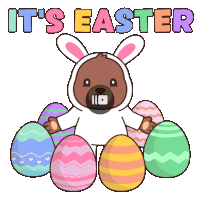 a cartoon of a bear dressed as a bunny surrounded by easter eggs