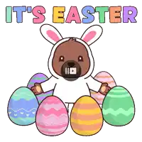 a cartoon of a bear dressed as a bunny surrounded by easter eggs