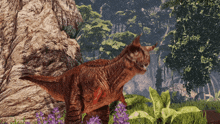 a dinosaur standing in the grass with purple flowers and trees in the background