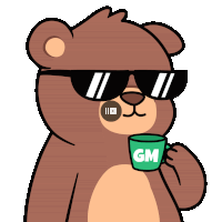 a teddy bear wearing sunglasses and holding a green cup with the letter gm on it