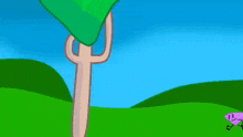 a cartoon drawing of a fork holding a green leaf and a diamond in a field .