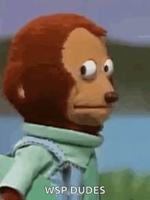 a monkey with big eyes is wearing a green shirt and says wsp dudes