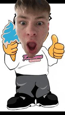 a cartoon of a man holding an ice cream cone and giving a thumbs up sign