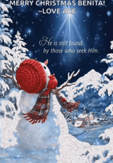a christmas card with a snowman and the words merry christmas benita love ace