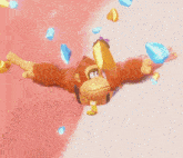 donkey kong is flying through the air with a girl on his back and the words " dk " on the bottom