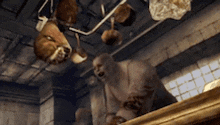 a man is standing in a room with a bunch of pots and pans hanging from the ceiling