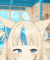 a close up of a blonde anime girl with a blue and white stripe in her hair