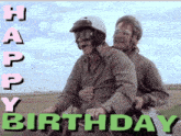 a birthday card with two men on a motorcycle and the words happy birthday on the bottom