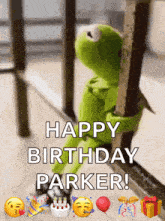 kermit the frog is leaning against a railing and says happy birthday parker