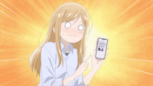 a girl with blonde hair is holding a cell phone in her hand