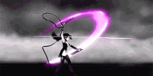 a woman is holding a whip and a sword in a black and white cartoon .
