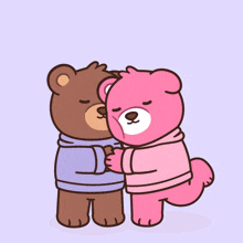 a brown teddy bear and a pink teddy bear hug each other