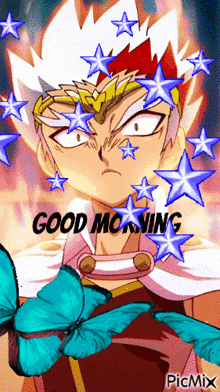 a picture of a cartoon character with the words good morning written on it