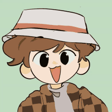 a drawing of a boy wearing a hat and a plaid jacket